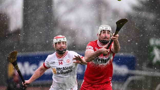 Mark Craig, Derry, and Kiefer Morgan, Tyrone, in Allianz Hurling League Division Two action. Photo by Ramsey Cardy/Sportsfile