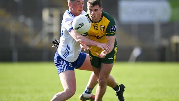 Peadar Mogan, Donegal, and Darragh Treanor, Monaghan, in Allianz Football League action. Photo by Philip Fitzpatrick/Sportsfile