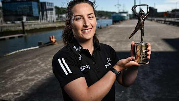 PwC GPA Player of the Month for April in camogie, Mairéad Teehan of Offaly, with her award outside the PwC offices in Cork. Photo by David Fitzgerald/Sportsfile