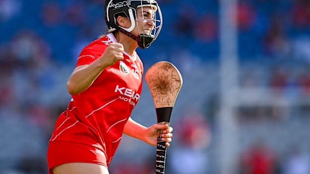 Amy O’Connor of Cork celebrates after scoring a point during the Glen Dimplex All-Ireland Senior Camogie Championship final match between Cork and Galway at Croke Park in Dublin. Photo by Piaras Ó Mídheach/Sportsfile.