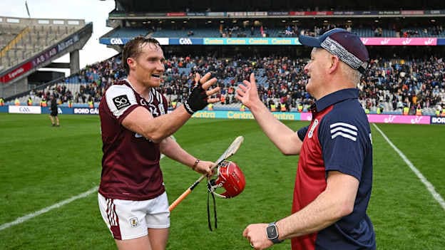 Mícheál Donoghue celebrates with Conor Whelan following the Leinster SHC Final victory at Croke Park. Photo by Ramsey Cardy/Sportsfile