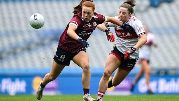 Kate Slevin, Galway, and Dara Kiniry, Cork, in action at Croke Park. Photo by Shauna Clinton/Sportsfile