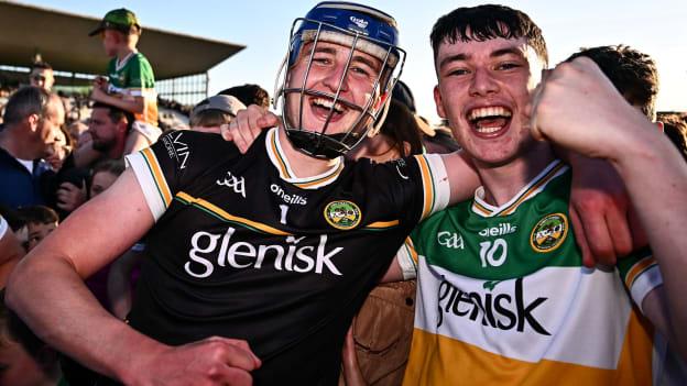 Offaly hurlers Liam Hoare, left, and Shane Rigney celebrate after their side's victory in the oneills.com Leinster GAA Hurling U20 Championship semi-final match between Offaly and Kilkenny at Glenisk O'Connor Park in Tullamore, Offaly. Photo by Piaras Ó Mídheach/Sportsfile.