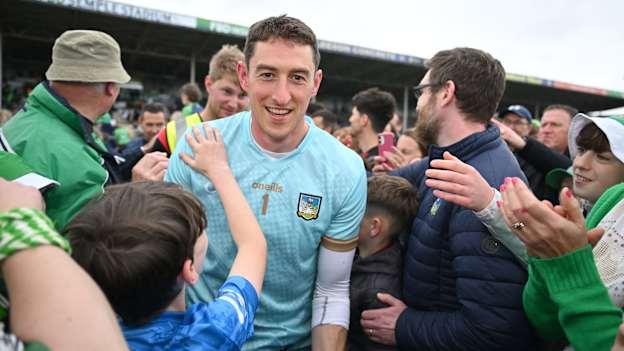 Limerick goalkeeper Nickie Quaid celebrates with supporters after the Munster GAA Hurling Senior Championship final match between Clare and Limerick at FBD Semple Stadium in Thurles, Tipperary. Photo by Brendan Moran/Sportsfile.