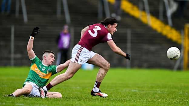 Conor Carson, Galway, and Ruairi O'Rourke, Leitrim, in Connacht FBD League action. Photo by Tyler Miller/Sportsfile