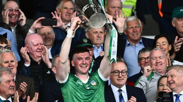 Limerick captain Declan Hannon lifts the Mick Mackey Cup after his side's victory in the Munster GAA Hurling Senior Championship final match between Clare and Limerick at FBD Semple Stadium in Thurles, Tipperary. Photo by Piaras Ó Mídheach/Sportsfile.