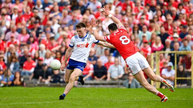 Ciaran McNally of Monaghan in action against Tommy Durnin of Louth during the GAA Football All-Ireland Senior Championship Round 2 match between Monaghan and Louth at St Tiernach's Park in Clones, Monaghan. Photo by Philip Fitzpatrick/Sportsfile