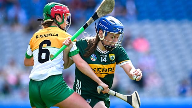 Jackie Horgan, Kerry, and Roisin Kinsella, Offaly, in Glen Dimplex All-Ireland Intermediate Camogie Final action at Croke Park. Photo by Piaras Ó Mídheach/Sportsfile
