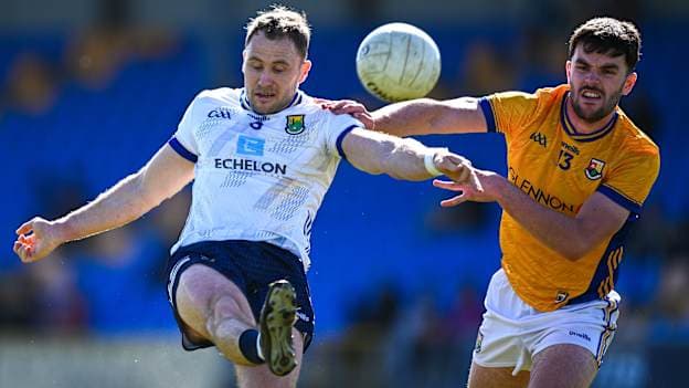 Dean Healy, Wicklow, and Matthew Carey, Longford, in Leinster SFC action last week. Photo by Ray McManus/Sportsfile