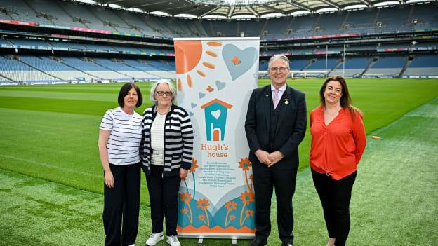 Uachtarán Chumann Lúthchleas Gael Jarlath Burns pictured with Charity partner representatives from Hugh's house - Patricia Mongey, Joanne Cooney, and founder Ade Stack.
