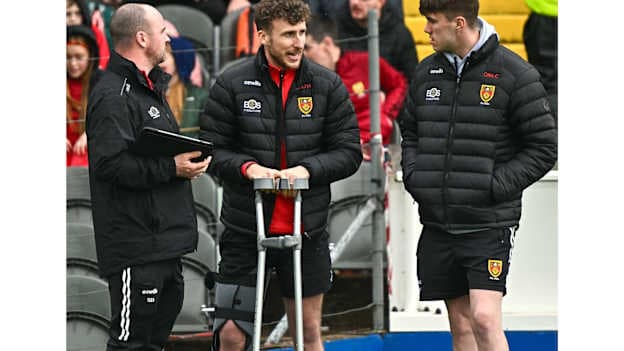 Barry O'Hagan pictured in a knee brace before the 2023 Ulster GAA Football Senior Championship Semi Final match between Armagh and Down at St Tiernach’s Park in Clones, Monaghan. Photo by Ramsey Cardy/Sportsfile