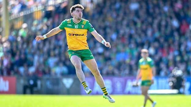 Dáire Ó Baoill of Donegal watches his kick go over for a two point score during the Ulster GAA Football Senior Championship preliminary round match between Donegal and Derry at MacCumhaill Park in Ballybofey, Donegal. Photo by David Fitzgerald/Sportsfile.