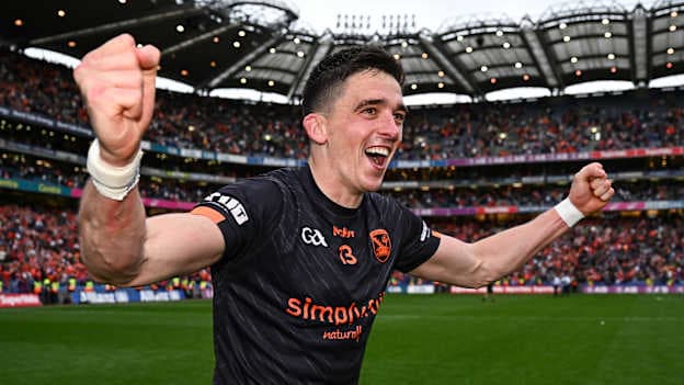 Rory Grugan of Armagh celebrates after his side's victory in the GAA Football All-Ireland Senior Championship semi-final match between Armagh and Kerry at Croke Park in Dublin. Photo by Seb Daly/Sportsfile.