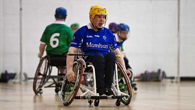 Maurice Noonan of Munster celebrates after scoring their side's first goal during the M. Donnelly GAA Wheelchair Hurling & Camogie All-Ireland Finals 2025 final match between Munster and Leinster at SETU Carlow Campus Sports Hall in Carlow. Photo by Ben McShane/Sportsfile.