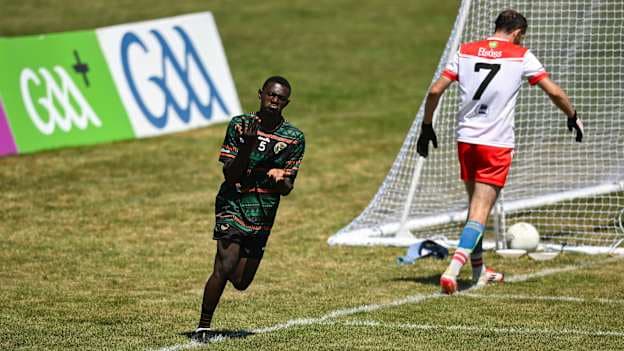 Lupupa Mofya, Sables Shamrocks, Kabwe, Zambia celebrates scoring a goal in the International Men's Football Division 3 match against Alsace. Photo by Paul Phelan/Sportsfile