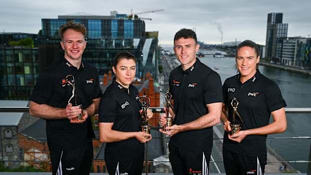 PwC GAA/GPA Players of the Month for June, from left, in hurling, Conor Burke of Dublin, in camogie, Niamh Mallon of Galway, in football, Jordan Morris of Meath, and in ladies’ football, Emma Murray of Waterford with their awards at PwC offices in Dublin. Photo by Tyler Miller/Sportsfile
