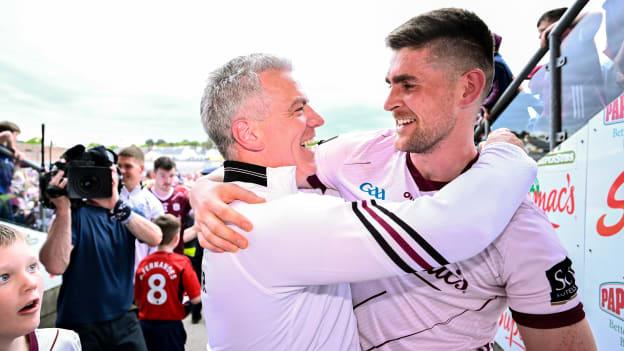 Pádraic Joyce and Connor Gleeson celebrate following the Connacht SFC Final at Pearse Stadium. Photo by Piaras Ó Mídheach/Sportsfile