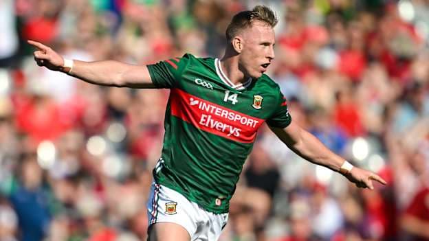 Ryan O'Donoghue of Mayo celebrates after scoring his side's first goal during the GAA Football All-Ireland Senior Championship semi-final match between Mayo and Louth at Croke Park in Dublin. Photo by Ramsey Cardy/Sportsfile.