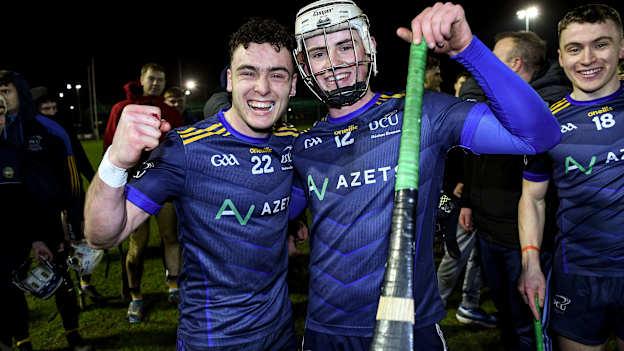 Peter Clarke and Darragh Carley of DCU celebrate after the Electric Ireland HE GAA Fitzgibbon Cup semi-final match between University College Cork and Dublin City University Dóchas Éireann at SETU Carlow Campus in Carlow. Photo by Matt Browne/Sportsfile.