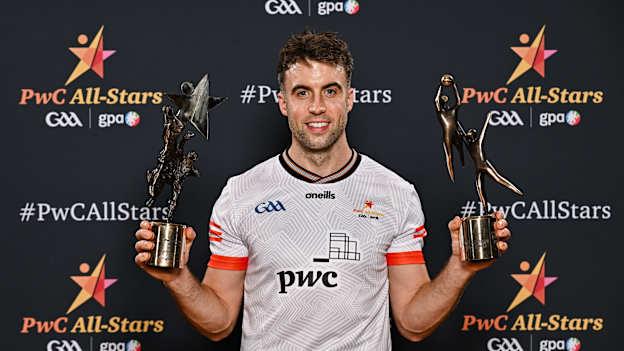 Galway's Paul Conroy with his PwC GAA/GPA All-Star Player of the Year and All-Star Awards during the 2024 PwC GAA/GPA All-Star Awards at the RDS. Photo by Sam Barnes/Sportsfile
