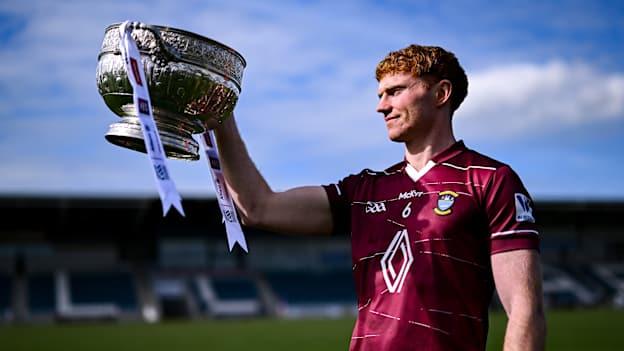 Westmeath footballer Ronan Wallace with the Delaney Cup during the 2025 Leinster GAA Senior Football Championship launch at Cedral St Conleth's GAA Park in Newbridge, Kildare. Photo by Piaras Ó Mídheach/Sportsfile. 