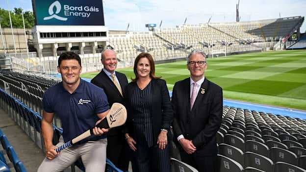 Pictured at Croke Park are Lee Chin, Bord Gáis Energy Ambassador; Dave Kirwan, Chairman of Bord Gáis Energy; Catherine Lonergan, Director of Customer & Commercial, Bord Gáis Energy and Jarlath Burns, President of the GAA as Bord Gáis Energy marks 17 years of partnership with the GAA by renewing its sponsorship of the GAA All-Ireland Senior Hurling Championship and becoming Official Energy Sustainability Partner of the GAA and Croke Park.