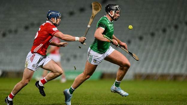 Gearoid Hegarty, Limerick, and Tom Hanley, Cork, in Co-op Superstores Munster Hurling League action. Photo by Brendan Moran/Sportsfile