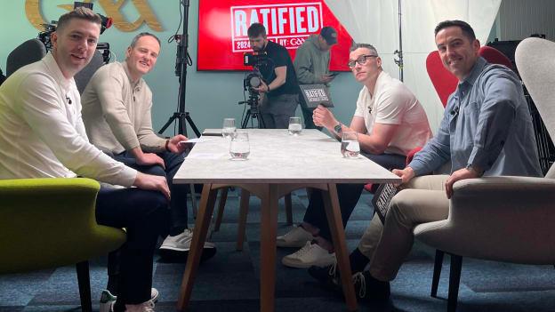 Pictured left to right are Marc Ó Sé, Michael Murphy, Paddy Andrews, and Aaron Kernan on the GAAGO RATIFIED set. 