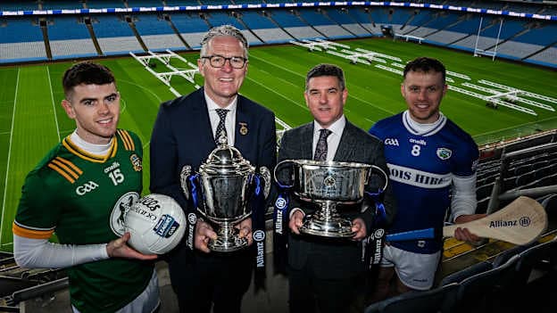 Pictured left to right at the launch of the 2026 Allianz Football and Hurling Leagues are Meath footballer, Eoghan Frayne, GAA President, Jarlath Burns, Allianz Chief Customer Officer, Geoff Sparling, and Laois hurler, Aidan Corby. 