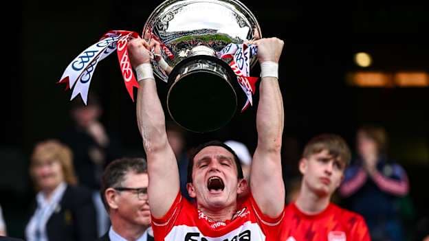  Derry captain Cormac O'Doherty lifts the Christy Ring Cup after his side's victory in the Christy Ring Cup final match between Kerry and Derry at Croke Park in Dublin. Photo by Seb Daly/Sportsfile.
