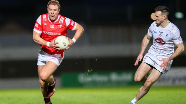 Conor Grimes, Louth, and Eoin Doyle, Kildare, in Allianz Football League action. Photo by Michael P Ryan/Sportsfile