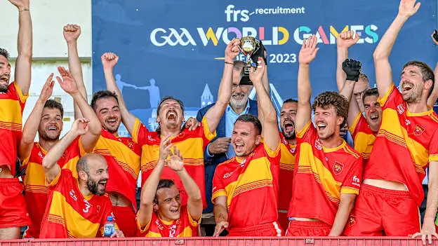 Gasconha celebrate with the trophy after the Men's Football International Division 2 Cup Final Sperrins Cup match between Gasconha and Siroc on day five of the FRS Recruitment GAA World Games 2023 at Celtic Park in Derry. Photo by Piaras Ó Mídheach/Sportsfile.