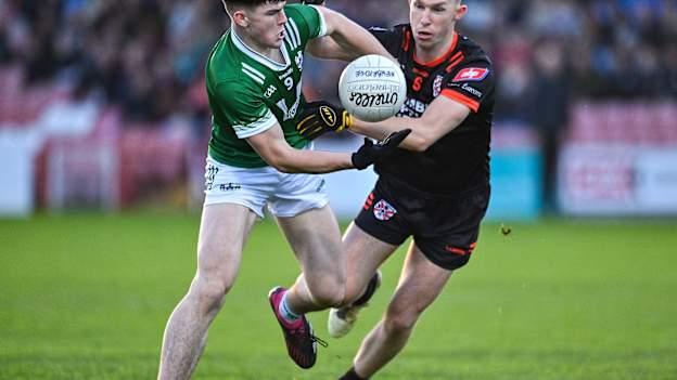 Conleith McGrogan, Newbridge, and Sean McCarthy, Clann Éireann, in AIB Ulster Club SFC action. Photo by Oliver McVeigh/Sportsfile