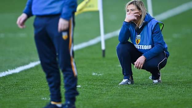 Antrim manager Elaine Dowds reacts during the final moments of the 2022 Littlewoods Ireland Camogie League Division 2 Final match between Antrim and Wexford at Croke Park in Dublin. Photo by Piaras Ó Mídheach/Sportsfile