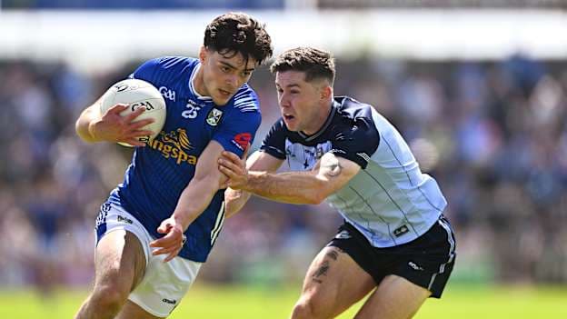 Oisin Brady of Cavan in action against David Byrne of Dublin during the GAA Football All-Ireland Senior Championship Round 2B match between Cavan and Dublin at Kingspan Breffni in Cavan. Photo by Tyler Miller/Sportsfile