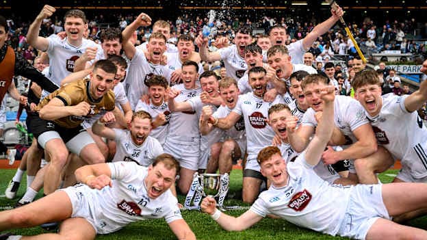 The Kildare team celebrate after the Joe McDonagh Cup final match between Kildare and Laois at Croke Park in Dublin. Photo by Ramsey Cardy/Sportsfile.
