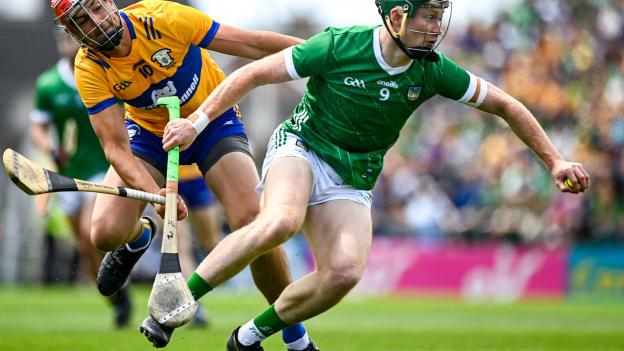 William O'Donoghue of Limerick in action against Peter Duggan of Clare during the 2023 Munster GAA Hurling Championship Final match between Clare and Limerick at TUS Gaelic Grounds in Limerick. Photo by Eóin Noonan/Sportsfile