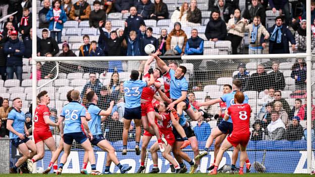 Players from both teams, including Derry players Diarmuid Baker and Emmett Bradley, and Dublin players Lorcan O'Dell and Con O'Callaghan, contest a high ball in the final minute of extra time during the Allianz Football League Division 1 Final match between Dublin and Derry at Croke Park in Dublin. Photo by Ramsey Cardy/Sportsfile