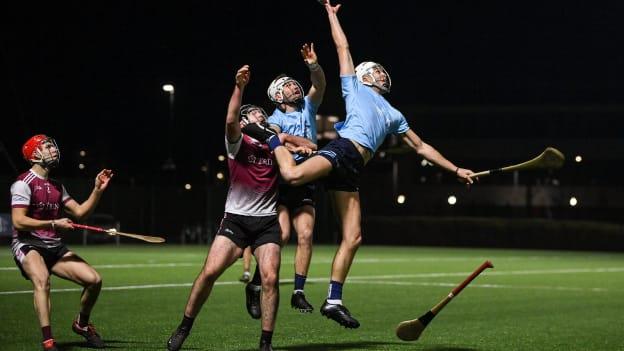 SETU Carlow players Paddy Boland, centre, and Chris Nolan, in action against Patrick Burke of University of Galway during the Electric Ireland Higher Education GAA Fitzgibbon Cup Round 1 match between SETU Carlow and University of Galway at SETU Carlow Sport Complex in Carlow. Photo by Seb Daly/Sportsfile