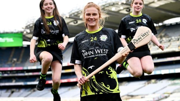 John West Féile and Ambassador Waterford camogie player Beth Carton with Jo Malone of Whilehall Colmcille and Erin Hynes of Lucan Sarsfields during the launch of the John West Féile 2024 at Croke Park in Dublin. Photo by Ramsey Cardy/Sportsfile.
