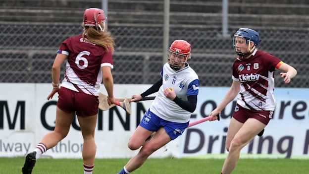 Beth Carton, Waterford, and Jennifer Hughes, Galway, in Centra Camogie League action.