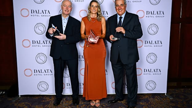 Cork representatives Larry Tompkins with his Gaelic Football Hall of Fame award, left, Juliet Murphy with her Ladies Football Hall of Fame award and Ger Canning with his Lifetime Achievement award ahead of the Gaelic Writers Association Awards, proudly supported by Dalata Hotel Group at the Clayton Hotel in Ballsbridge, Dublin. Photo by Piaras Ó Mídheach/Sportsfile.