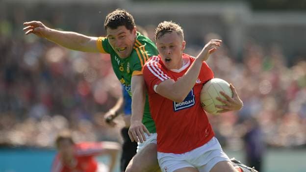 Jim McEneaney of Louth in action against Padraic Harnan of Meath during their 2016 Leinster GAA Football Senior Championship Quarter-Final match between Meath and Louth at Parnell Park in Dublin. Photo by Daire Brennan/Sportsfile.
