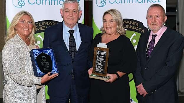 PJ Geraghty pictured receiving the Pat Trainor Award for Lifetime service to Cumann na mBunscol from, left to right, Pat Trainor's daughters Clodagh and Áine and Chairperson of Cumann na mBunscol, Joe Lyons, at the recent Cornmarket Cumann na mBunscol Awards which were held in Hodson Bay Hotel, Roscommon.