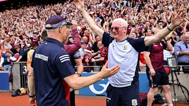 Micheál Donoghue celebrates with kit man Tex Callaghan after Galway's All-Ireland SHC Semi-Final win over Cork at Croke Park. Photo by Piaras Ó Mídheach/Sportsfile