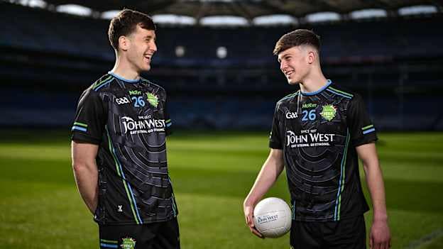 Derry footballer Shane McGuigan pictured with young O'Tooles GAA footballer Cillian Hanlon at the launch of John West Féile – 2026, marking 11 years sponsorship by the company of the competition at Croke Park today. Photo by David Fitzgerald/Sportsfile