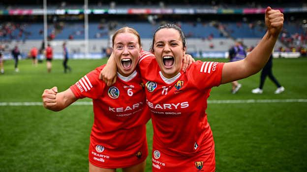 Cork's Laura Treacy and Fiona Keating celebrate following the Glen Dimplex Camogie All-Ireland Senior Camogie Championship Final at Croke Park. Photo by Piaras Ó Mídheach/Sportsfile