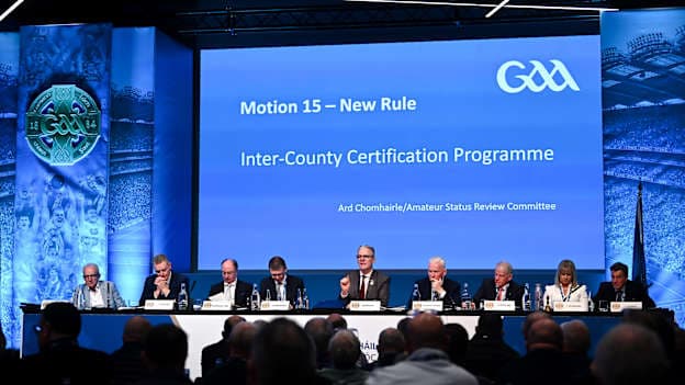 Uachtarán Chumann Lúthchleas Gael Jarlath Burns speaking during debate on Motion 15 at GAA Congress. Photo by Piaras Ó Mídheach/Sportsfile