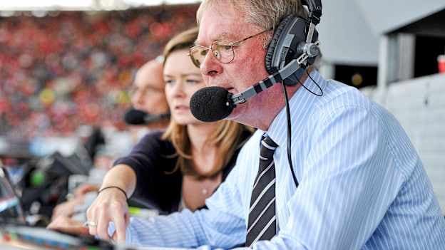 RTÉ Gaelic Games Commentator Mícheál Ó Muircheartaigh, assisted by his daughter Doireann, commentates on the 2010 All-Ireland SFC Final between Cork and Down, his last All-Ireland Senior Championship Final after a career lasting 62 years. His first broadcast was the Railway Cup Final on St Patrick's Day in 1949. Photo by Brendan Moran/Sportsfile
