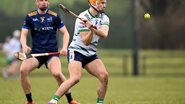 Adam English, UL, and Billy Reid, DCU Dochas Éireann, in action during the 2025 Electric Ireland Fitzgibbon Cup Final. Photo by Piaras Ó Mídheach/Sportsfile
